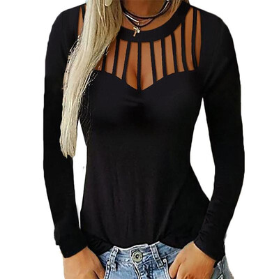 

Fashion Women Hollow Out T-shirt Long Sleeves O Neck Solid Casual Tees Casual Tops