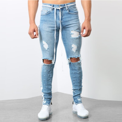 

Gobestart Mens Fashion Denim Cotton Straight Hole Trouser Distressed Jeans Long Pant