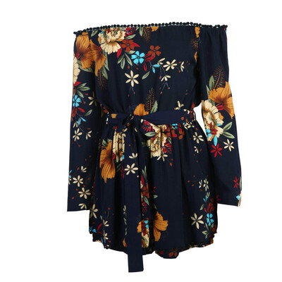 

Summer Women Off Shoulder Romper Floral Printed Ruffle JumpsuitBelt