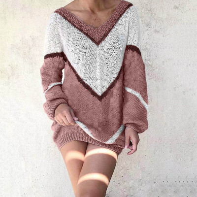 

Tailored Women New Fashion V-Neck Sexy Sweater Dress Color Block Long Sleeve Mini Dress