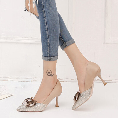 

Rose Casual Women Pointed Stiletto Shallow Mouth Single Shoes Bow Sequins High Heels