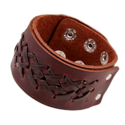 

Simple Retro Punk Style Brown Wide Cowhide Men Bracelet Unisex Pair Jewellery