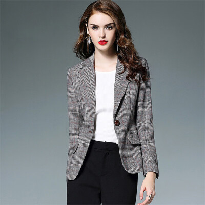 

Her pool womens 2018 autumn&winter new temperament Korean version of the loose fashion lapel one button plaid pocket short coat T83Z1656A11M gray