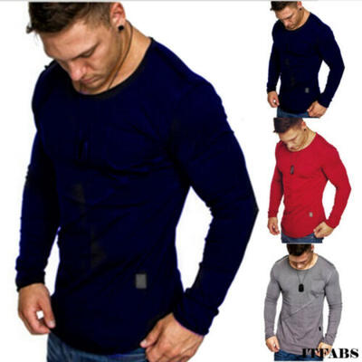 

Mens O-neck Long Sleeve Solid Color Slim Tops Muscle Sports Fitness T-Shirt
