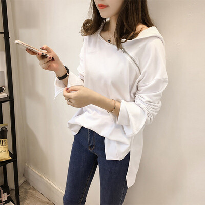

Oioninos Zipper Irregular Collar Sling Strapless Petal Long-Sleeve Pullover Sweatshirt oversized Hoodies Women 2017 Autumn