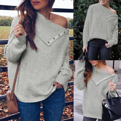 

〖Follure〗Womens Long Sleeve Pullover One Shoulder Button Solid Sweater Knitted Top Blouse