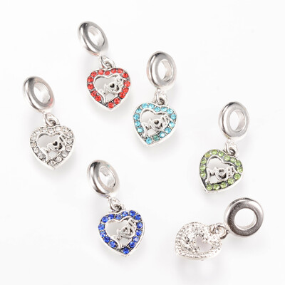 

Alloy European Dangle Beads with Rhinestones Heart Large Hole Pendants Platinum Mixed Color 265mm Hole 5mm