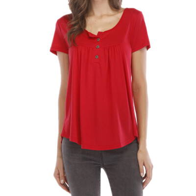 

Nomeni Women Solid Row Pleats Button Ruched O-Neck Short Sleeve Irregular T-Shirt Tops