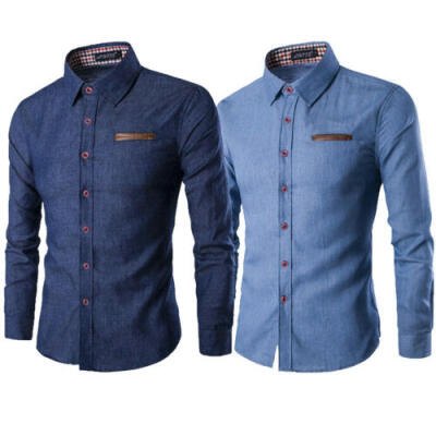 

Mens Stylish Denim Long Sleeve Shirt Casual Slim Fit Dress Shirts Top Plus Size