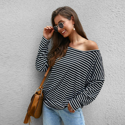 

Women Loose Oblique Collar Summer Stripes Print Loose Long Sleeve Casual Simple Wild T-Shirt