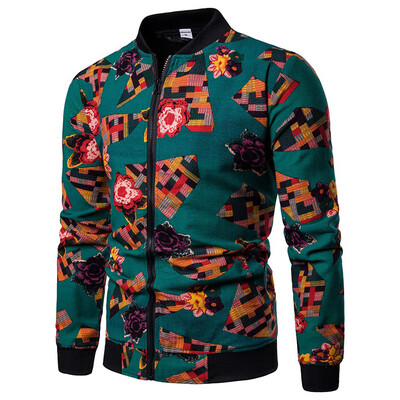 

Mens Flower Floral Coat Jacket Outerwear Long Sleeve Zipper Baseball Sport Tops