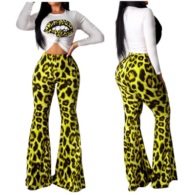 

Women New Skinny Flare Leopard Print Bell Bottom High Waist Long Pants Trousers