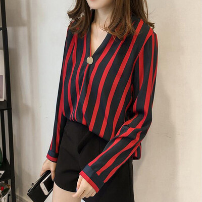 

Womens Stripes Print Tops Casual Business Office Long Sleeve Loose Shirt Blouse