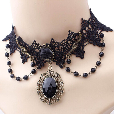 

Retro Gothic Black Lace Faux Gem Necklace Accessories Jewelry