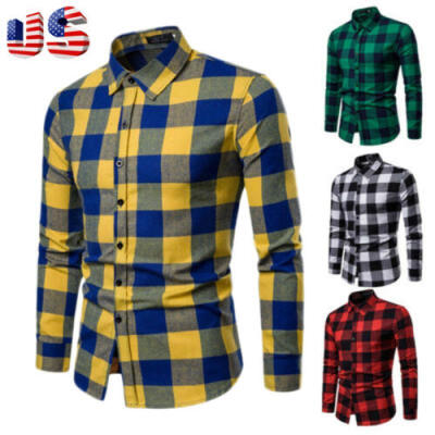 

Fashion Mens Formal Casual Dress Shirt Mens Plaid Long Sleeve Shirts Tops USA