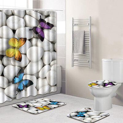 

Toponeto 4PCS Sea Style Non Slip Toilet Polyester Cover Mat Set Bathroom Shower Curtain