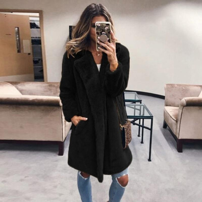 

Fashion Women Winter Fluffy Solid Color Coat Notched Collar Long Sleeve Concealed Button Pocket Faux Fur Thick Jacket Outerwear