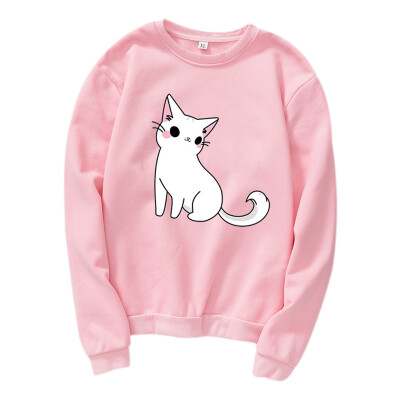 

Women Casual All-match Cartoon Cat Print Autumn Winter Velvet Loose Capless Round Neck Sweatershirt