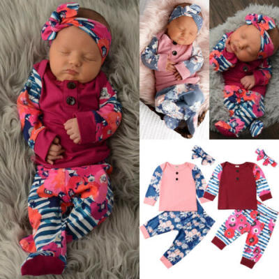 

Newborn Baby Girls Winter Outfits Clothes Floral T-ShirtLong PantsHeadband Set