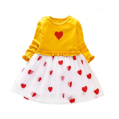 

Spring Autumn 1-8 Years Baby Kids Girls Heart Print Long Sleeve Dress Sweet Solid Color Cotton Comfortable Mesh Design Sundress