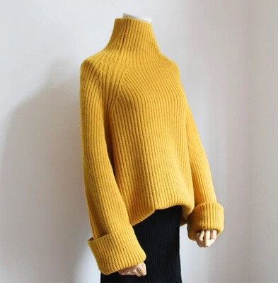

High necked women winter Korea version of small fresh horn sleeves languid loose thick sweet sweater bottom knitted sweater
