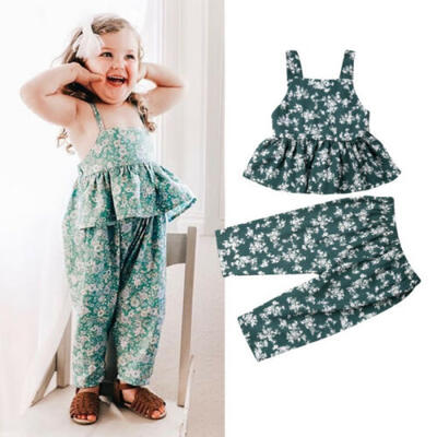 

Kids Girl Summer Floral Clothes Spaghetti T-shirt TopPants Outfit Set Tracksuit