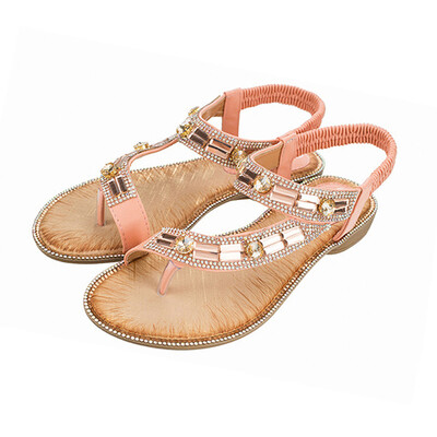 

Rose Womens Ladies Bohemian Toepost Crystal Elastic Band Beach Sandals Roman Shoes
