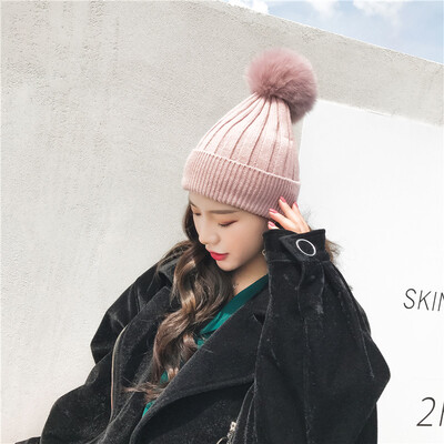

Super Fox fur ball real fur wool blend thickened warm womens winter wool hats Korean knit hat tide