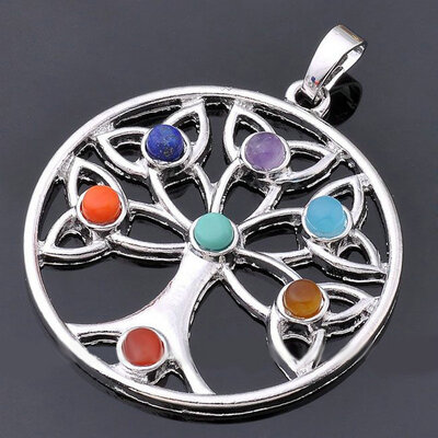 

Natural 7 Colorful Stone Beads Reiki Chakra Healing Point Tree Of Life Charm Pendant For Necklace