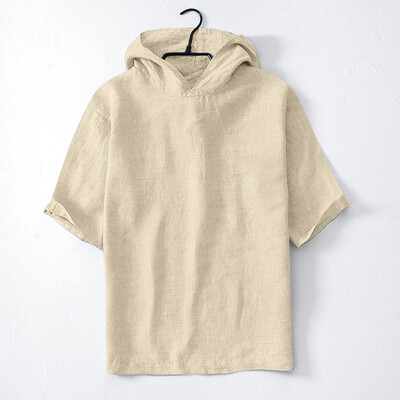 

Toponeto Mens Baggy Cotton Linen Solid Short Sleeve Retro Hooded T Shirts Tops Blouse