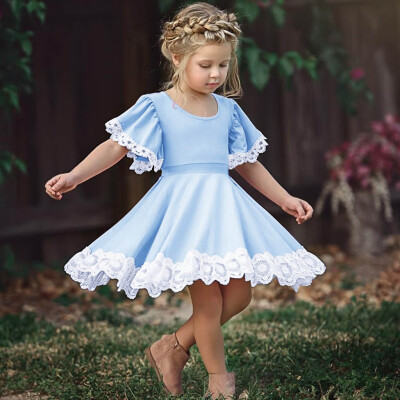 

Toddler Kid Baby Girl Short Sleeve Lace Folral Patchwork Princess Dress Clothes