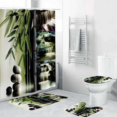 

Gobestart 4PCS Non Slip Toilet Polyester Cover Mat Set Bathroom Shower Curtain