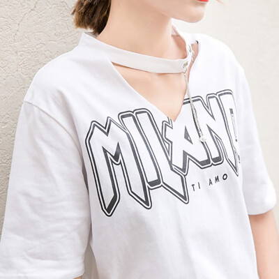 

Women Trend T-Shirt Letter Printed Cotton Tee Short-Sleeved V Neck Sexy T-shirt Loose Tops Tees