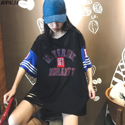 

Womens Letter Print Short Sleeve Color Block Loose Long T-Shirt Korean Style O-Neck Holes Basketball Wear T-Shirts