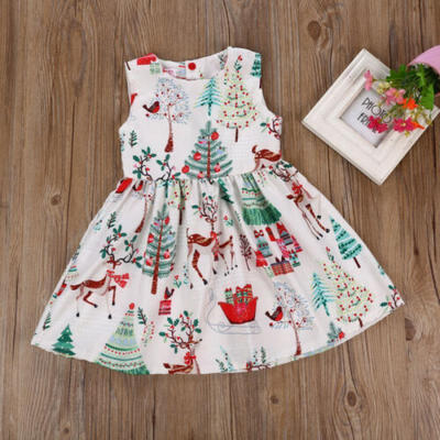 

Xmas Kids Baby Girl Christmas Cartoon Deer Sleeveless Princess Party Tutu Dress