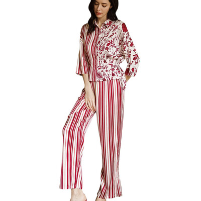 

Toponeto Women Simulated Silk Nightwear Stitching Stripe Printing Sexy Lingerie Underwear