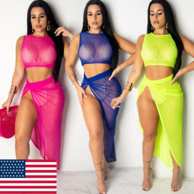 

Women Sheer Bikini Cover Up Swimwear Bathing Summer Beach Tops Slit Skirt Sets