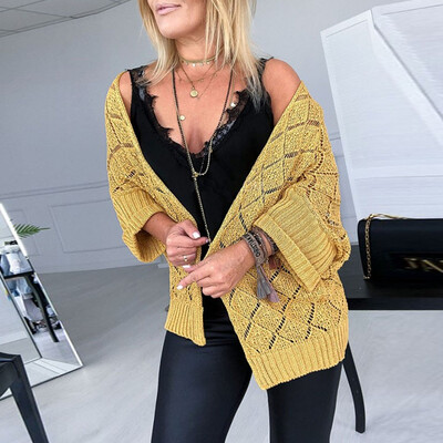 

Roseonmyhand Women Casual Solid Long Sleeve Hollow Out Knit Sweater Sexy Cardigans Coat
