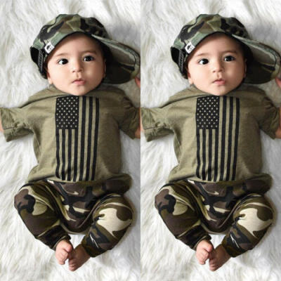 

US 2PCS Newborn Kids Baby Boy Summer Clothes USA Flag T-Shirt Camo Pants Outfits