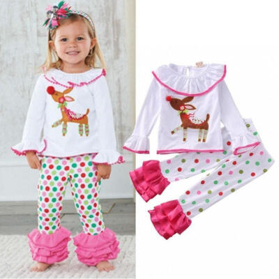 

2pcs Toddler Boys Girls Xmas DeerDot Long Sleeved Nightwear Pyjamas Outfits Set