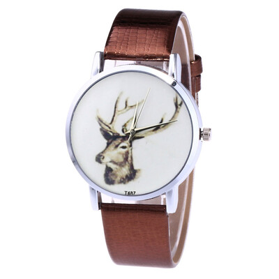 

Top Brand Watches Women Elk Pattern Dial Ladies Fashion Quartz Wristwatch Casual Leather Strap Colck Gift Zegarki Damskie