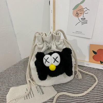 

2019 new cute cartoon wild shoulder Messenger bag female casual fashion ugly sesame street canvas bucket bag