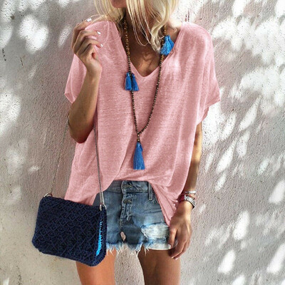 

Women Summer Plain Scoop Neck Short Sleeve Top T-shirt Linen Blouse Plus Size