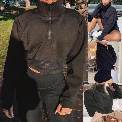 

Tailored Women Fashion Street Solid Zipper Patchwork Long Sleeve Short Sweatershirt Tops