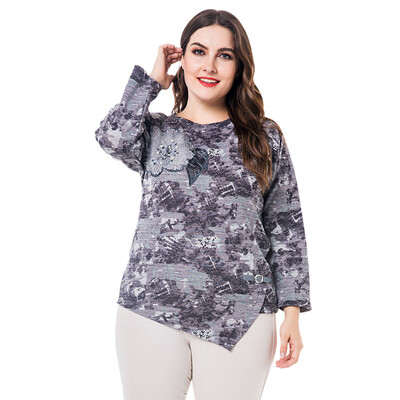 

Round Collar Long Sleeve Floral Print Beaded Asymmetric Plus Size Women T-shirt