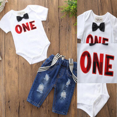 

2pcs Kids Baby Boys Girls Outfits Romper Clothes Destroyed Jeans Pants Clothes