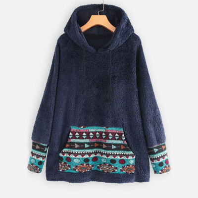 

Tailored Women Ethnic Print Patchwork Fleece Long Sleeve Hoodie Pocket Sweater Top