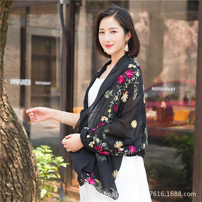 

2018 explosion models autumn&winter flowers embroidery cotton&linen scarf bib literary national wind embroidery sunscreen shawl scarves