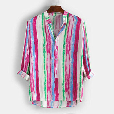 

Mens Casual Hawaiian Shirt Colored Striped Long Sleeve Loose Casual V-Neck