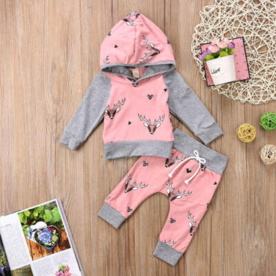 

USA Newborn Toddler Baby Boys Girls Deer Hooded Tops Pants Outfit Set Clothes